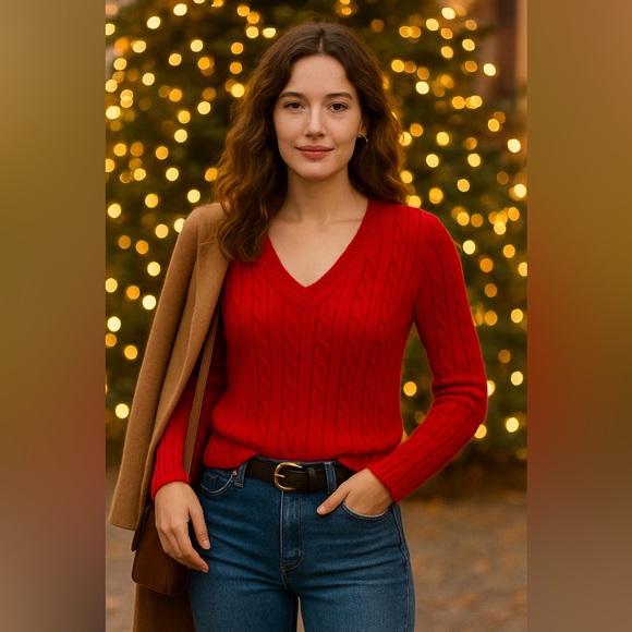 Loft Red wool Christmas v-neck sweater, size XS - Picture 2 of 8